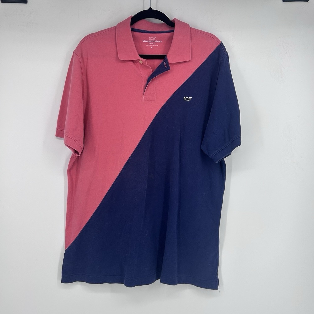 Vineyard Vines Polo Shirt Mens L Pink Blue Colorblock Whale Logo